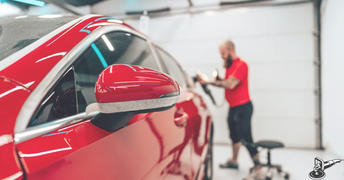 A professional car detailer working on the exterior of a red car in a garage, focusing on polishing and cleaning.