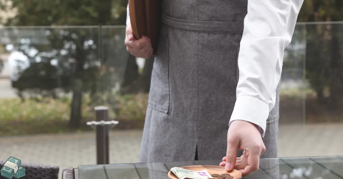 A server collects a tip from a wooden tray on an outdoor table, symbolizing gratitude for service.
